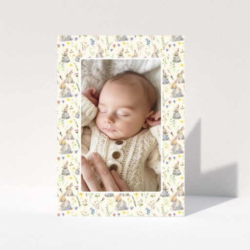 Baby thank you card with floral and bunny designs and one photo of a sleeping baby