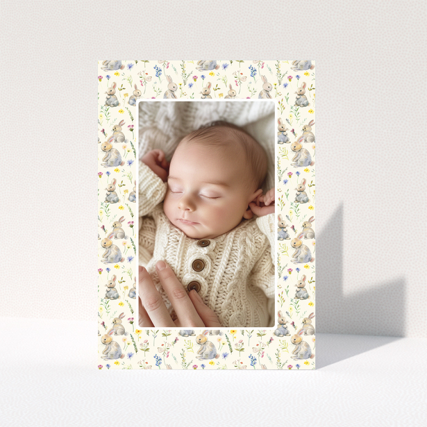 Baby thank you card with floral and bunny designs and one photo of a sleeping baby