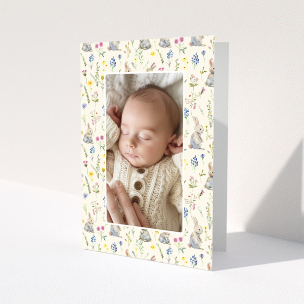 Baby thank you card with floral and bunny designs and one photo of a sleeping baby