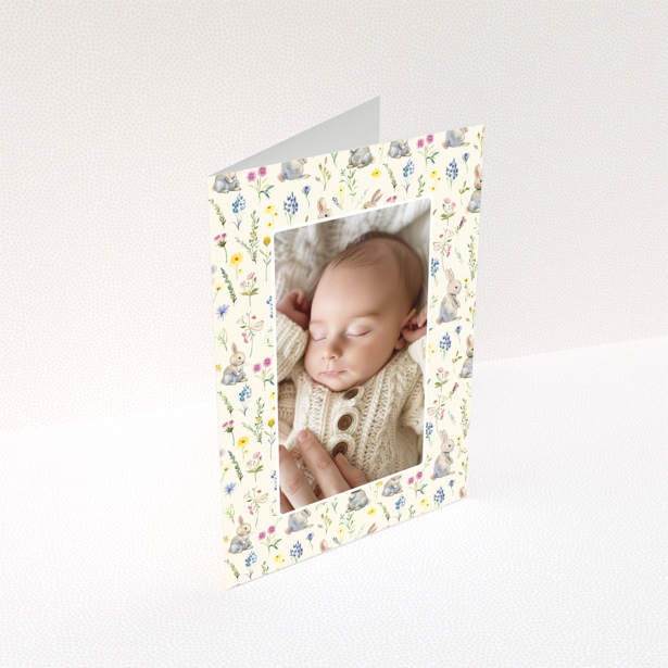 Baby thank you card with floral and bunny designs and one photo of a sleeping baby