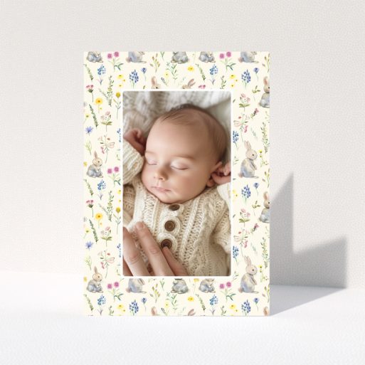 Baby thank you card with floral and bunny designs and one photo of a sleeping baby