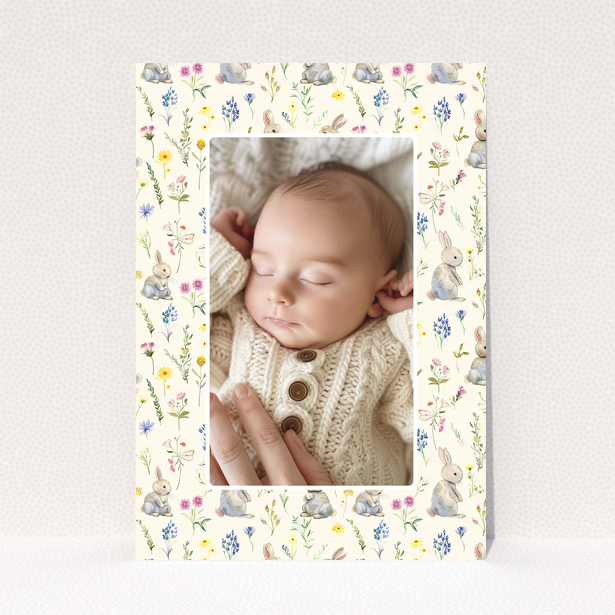 Baby thank you card with floral and bunny designs and one photo of a sleeping baby
