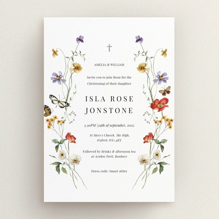 Floral christening invitation design with two butterfly illustrations.