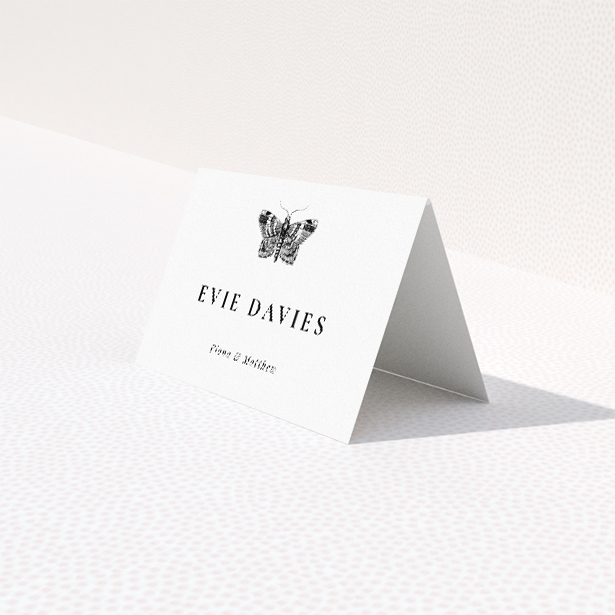 Butterfly Effect place cards table template - reflecting transformation and new beginnings with sophisticated black and white design. This is a third view of the front