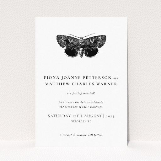 Butterfly Effect A6 Save the Date Card - Elegant wedding stationery featuring detailed black and white butterfly symbolizing transformation and new beginnings. This is a view of the front