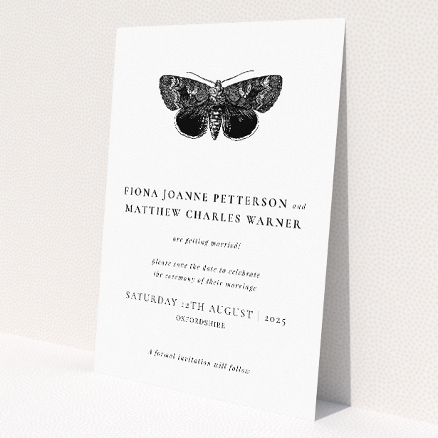 Butterfly Effect A6 Save the Date Card - Elegant wedding stationery featuring detailed black and white butterfly symbolizing transformation and new beginnings. This is a view of the front