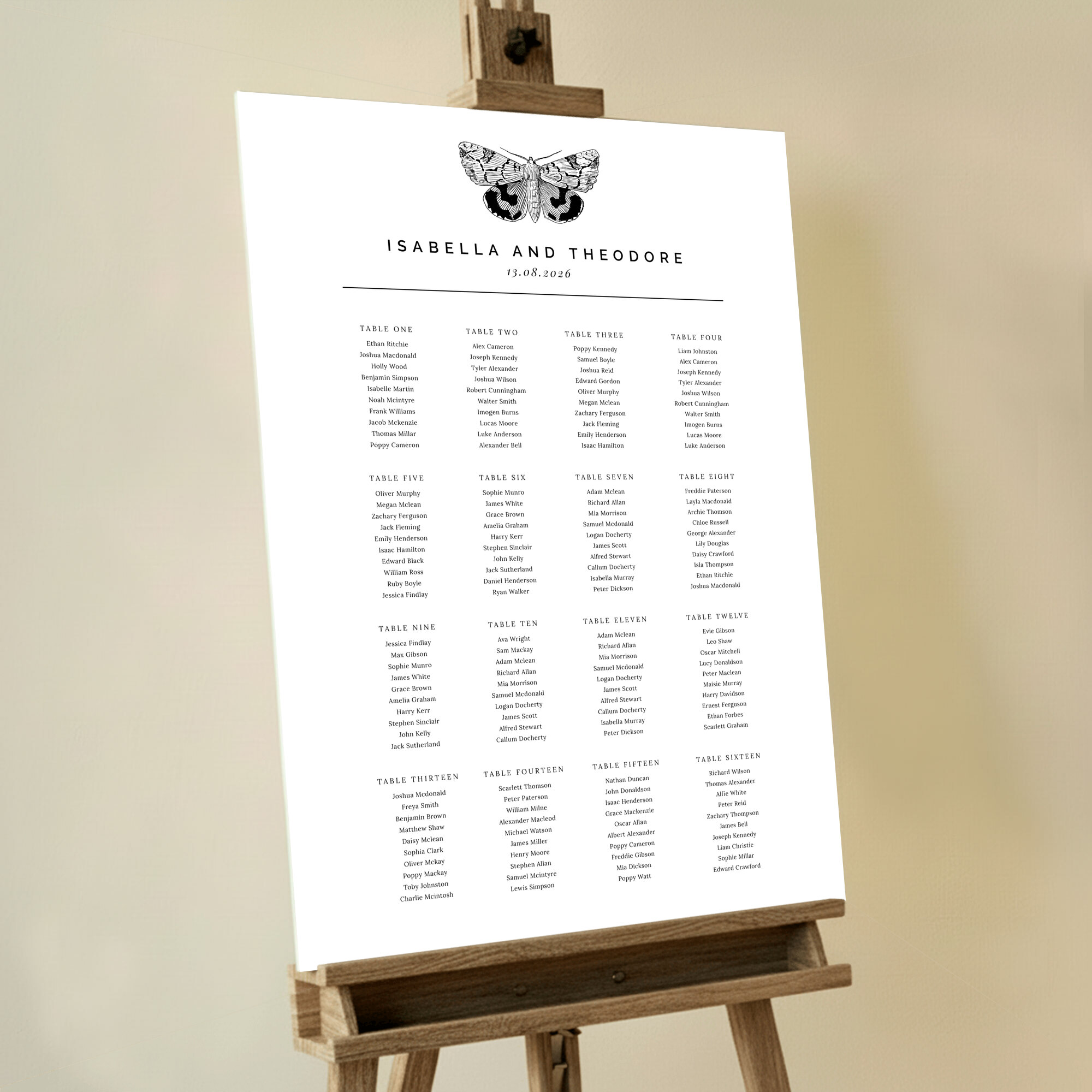 Unique seating plan design named 'Butterfly Effect' featuring a black and white illustration of a summer butterfly, creating a modern and sophisticated feel, perfect for a contemporary or minimalist wedding.. This one is formatted for 16 tables.
