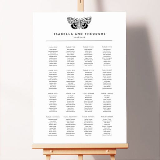 Unique seating plan design named "Butterfly Effect" featuring a black and white illustration of a summer butterfly, creating a modern and sophisticated feel, perfect for a contemporary or minimalist wedding.. This one is formatted for 16 tables.