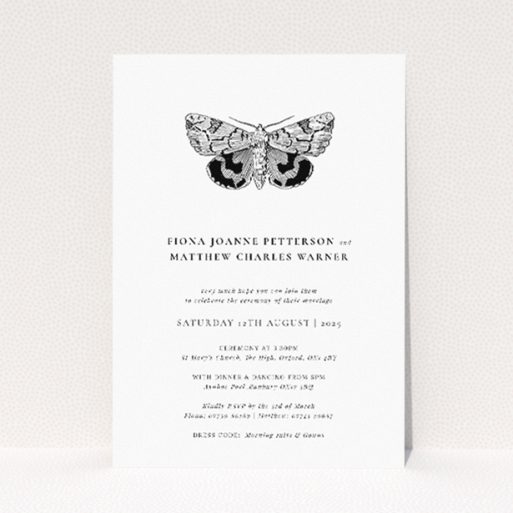 Butterfly Effect wedding invitation with exquisitely detailed black and white butterfly illustration symbolising change and new beginnings, tailored for couples looking for a sophisticated design to share their momentous day with loved ones This is a view of the front