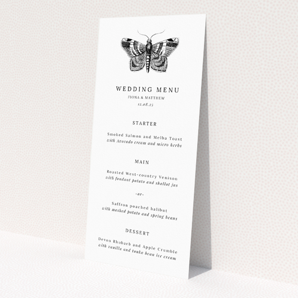 Butterfly Effect Wedding Menu Template - Symbolic Elegance in Black and White. This is a view of the front