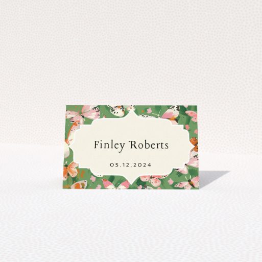Butterfly Garden Bliss place cards featuring delicate butterflies and lush greenery. This is a view of the front
