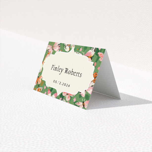 Butterfly Garden Bliss place cards featuring delicate butterflies and lush greenery. This is a third view of the front