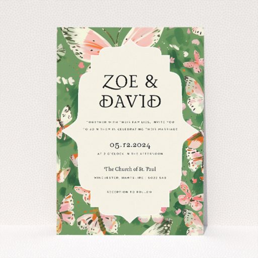 A5 wedding invitation featuring a whimsical butterfly garden design with lush greenery and delicate butterflies in soft pinks and speckled white, perfect for couples seeking natural beauty and serenity for their special day This is a view of the front