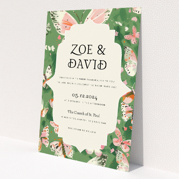 A5 wedding invitation featuring a whimsical butterfly garden design with lush greenery and delicate butterflies in soft pinks and speckled white, perfect for couples seeking natural beauty and serenity for their special day This is a view of the front