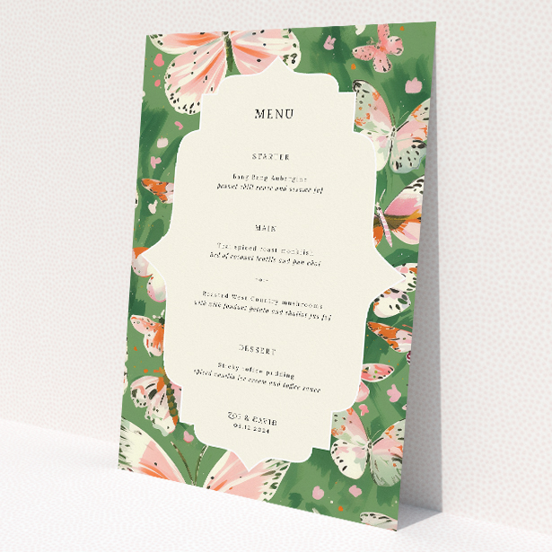 Enchanting Butterfly Garden Bliss Wedding Menu Template with Lush Greenery and Delicate Butterflies. This image shows the front and back sides together