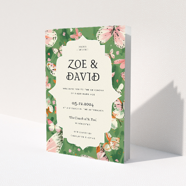 Enchanting Butterfly Garden Bliss Wedding Order of Service Booklet with Nature-inspired Design. This is a view of the front