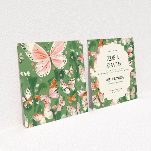 Butterfly Garden Bliss wedding save the date card featuring nature-inspired design with softly-hued butterflies and verdant foliage. This image shows the front and back sides together