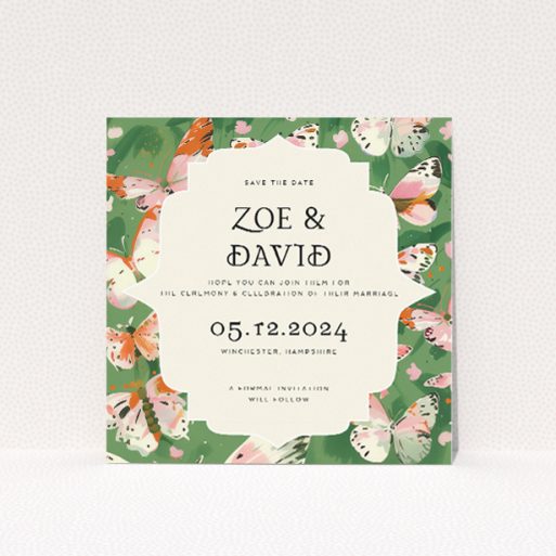 Butterfly Garden Bliss wedding save the date card featuring nature-inspired design with softly-hued butterflies and verdant foliage. This is a view of the front