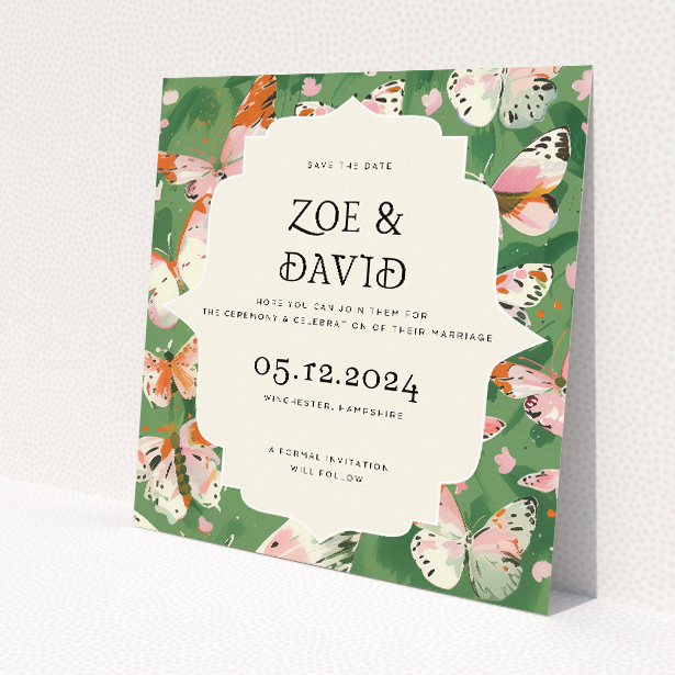 Butterfly Garden Bliss wedding save the date card featuring nature-inspired design with softly-hued butterflies and verdant foliage. This is a view of the front