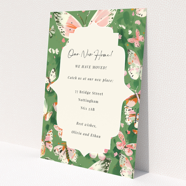 Floral butterfly-themed change of address card with no photos