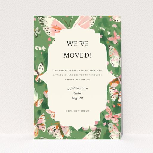 Floral butterfly-themed change of address card with no photos