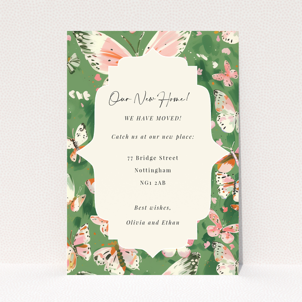 Floral butterfly-themed change of address card with no photos