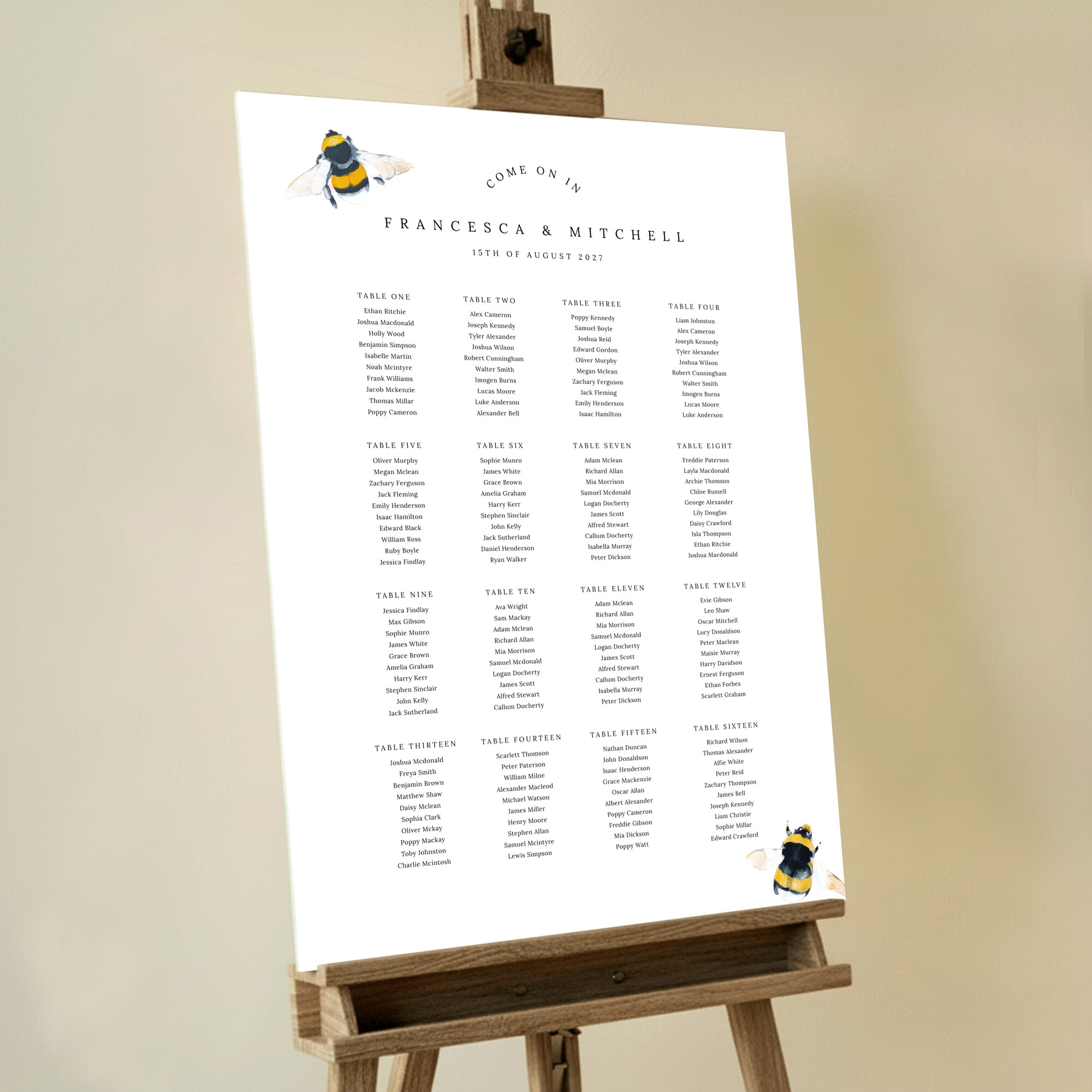 Buzzy Bees Seating Plan Design featuring two large painted honeybees, creating a whimsical and natural feel, perfect for a spring or summer wedding.. This one shows 16 tables.