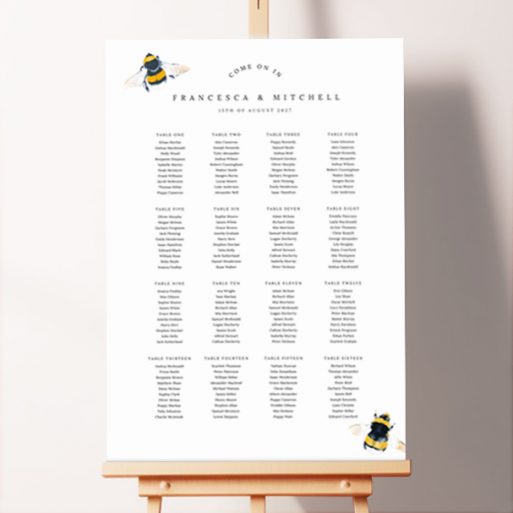 Buzzy Bees Seating Plan Design featuring two large painted honeybees, creating a whimsical and natural feel, perfect for a spring or summer wedding.. This one shows 16 tables.