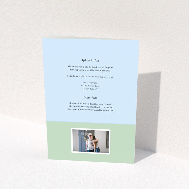 Funeral order of service program back cover design with appreciation and donation messages, featuring one photo, design name Portrait