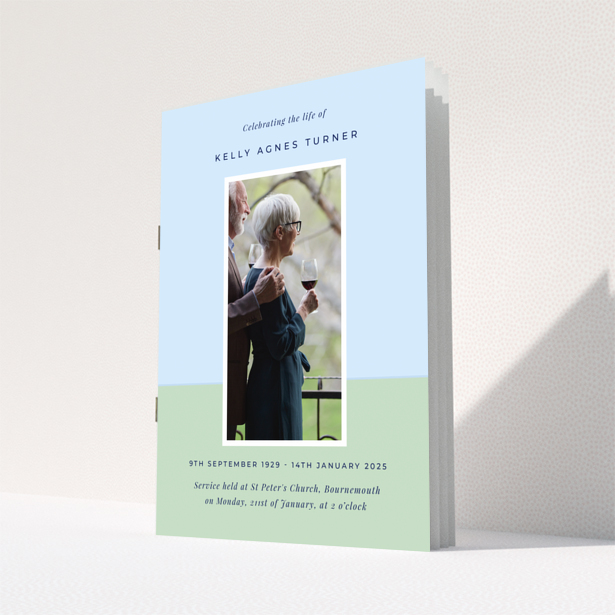 Funeral order of service program back cover design with appreciation and donation messages, featuring one photo, design name Portrait