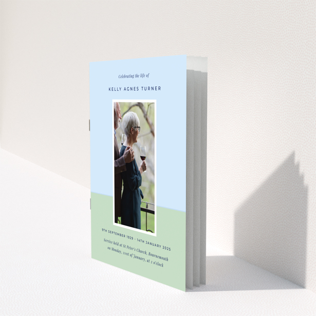 Funeral order of service program back cover design with appreciation and donation messages, featuring one photo, design name Portrait