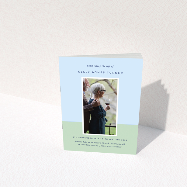 Funeral order of service program back cover design with appreciation and donation messages, featuring one photo, design name Portrait