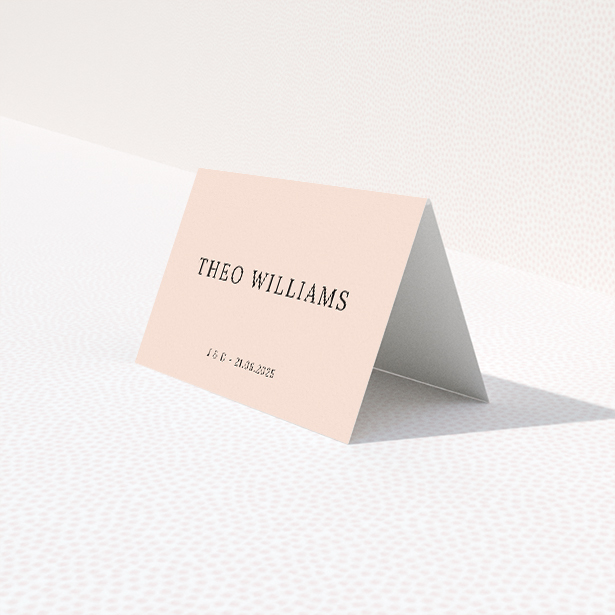 Camden Minimal place cards table template - sleek modern minimalist design with bold fonts and monochromatic palette. This is a third view of the front