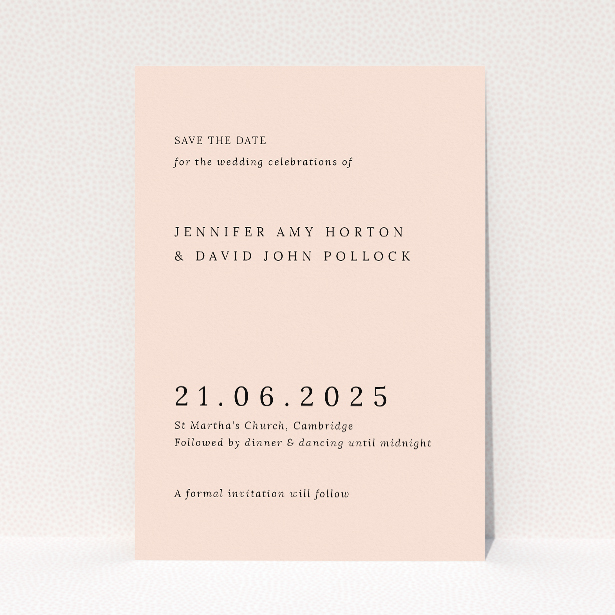 Camden Minimal wedding save the date card with clean warm beige background and crisp black typography, featuring bold date and sophisticated serif typeface for names and event details. This is a view of the front