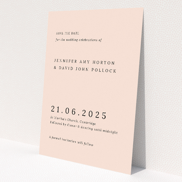 Camden Minimal wedding save the date card with clean warm beige background and crisp black typography, featuring bold date and sophisticated serif typeface for names and event details. This is a view of the front