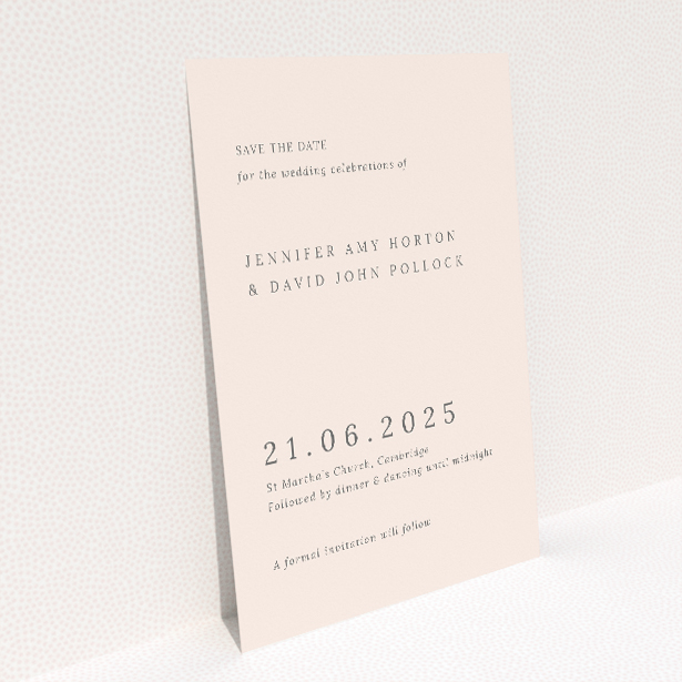 Camden Minimal wedding save the date card with clean warm beige background and crisp black typography, featuring bold date and sophisticated serif typeface for names and event details. This is a view of the back