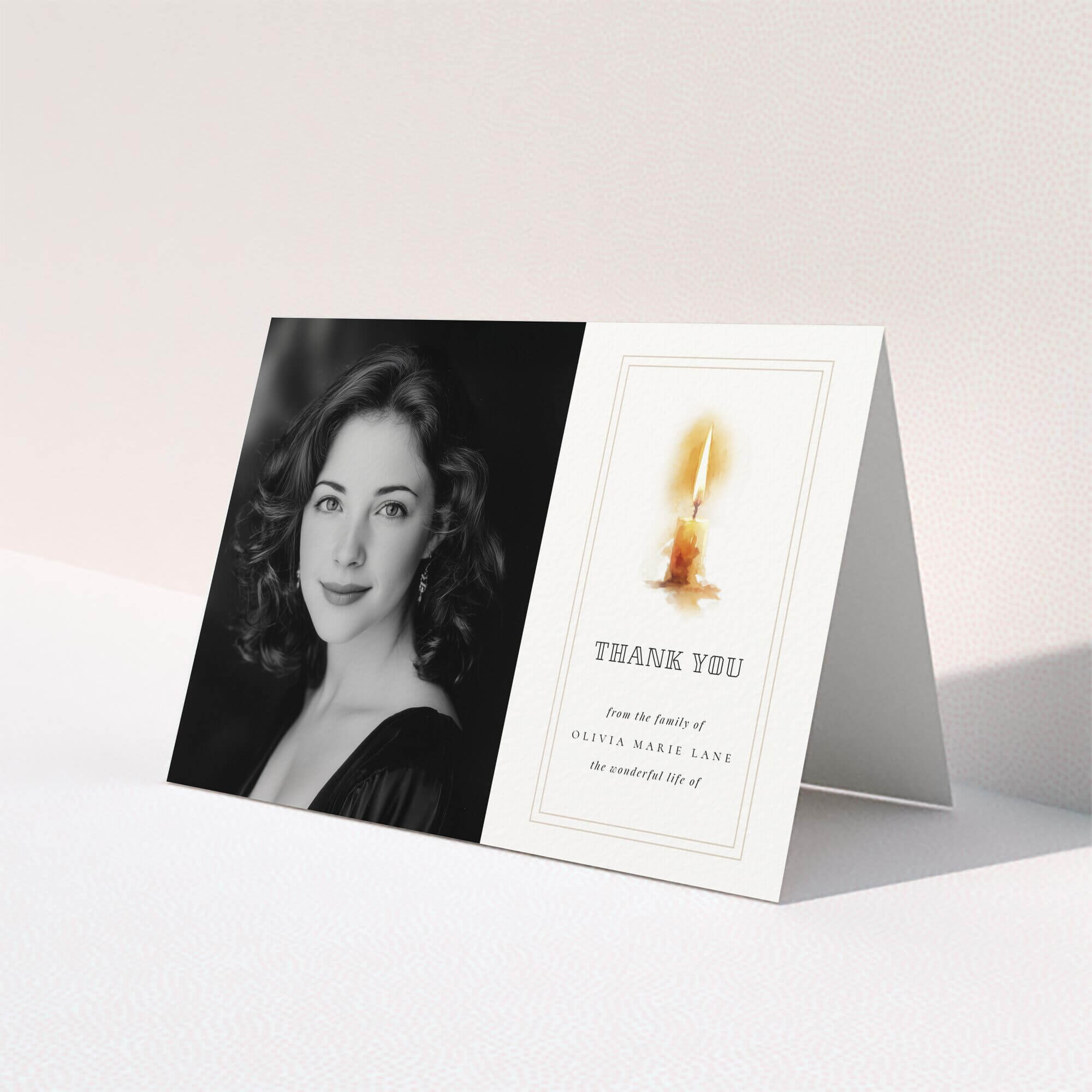 Funeral thank you card design with one photo and a candle illustration