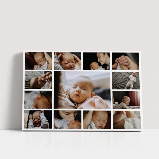 Photo of a canvas print called 'Life’s Collage'. It is 30cm x 20cm in size, in a Landscape orientation. It has space for 13 photos.