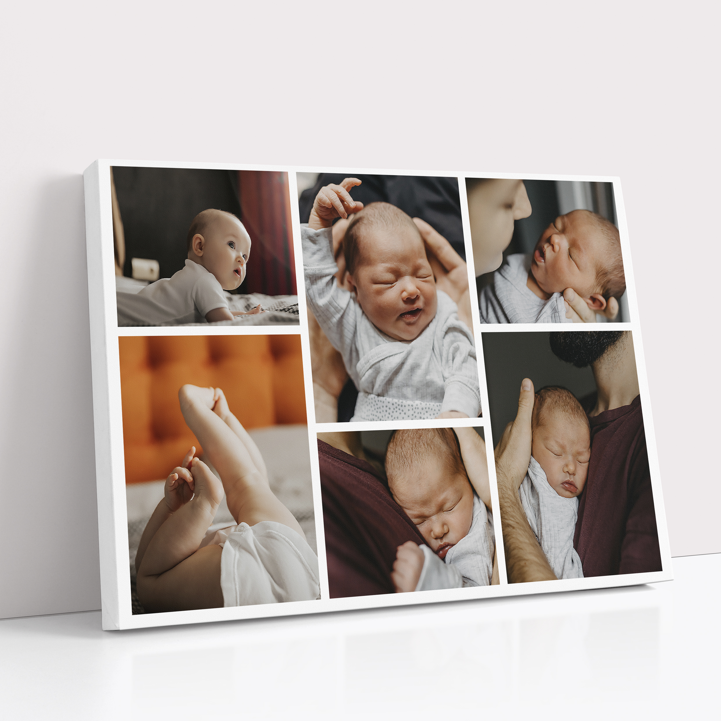 Photo of a canvas print called 'Memories Mosaic'. It is 30cm x 20cm in size, in a Landscape orientation. It has space for 6 photos.