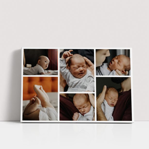 Photo of a canvas print called 'Memories Mosaic'. It is 30cm x 20cm in size, in a Landscape orientation. It has space for 6 photos.