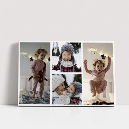 Photo of a canvas print called 'Quartet Collage'. It is 30cm x 20cm in size, in a Landscape orientation. It has space for 4 photos.