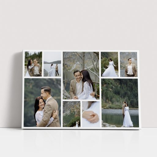 Photo of a canvas print called 'Spread Montage'. It is 30cm x 20cm in size, in a Landscape orientation. It has space for 9 photos.
