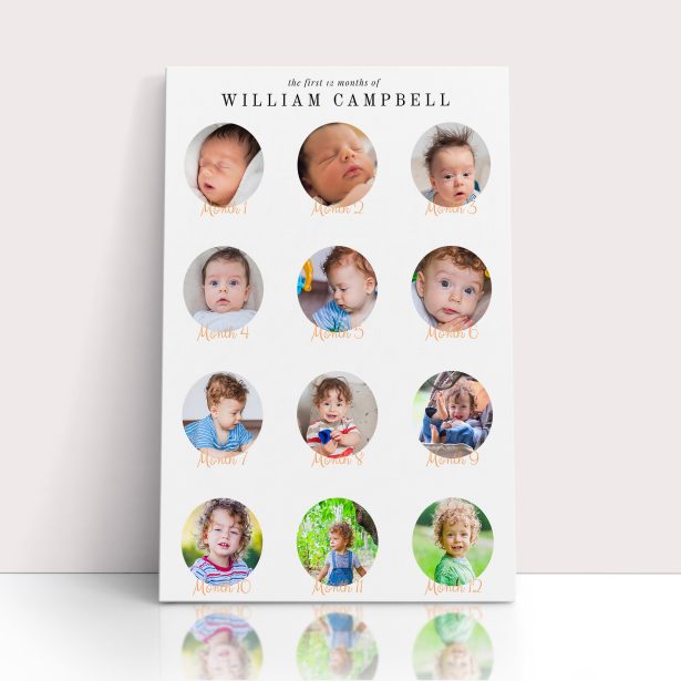 Photo of a canvas print called 'Month by Month'. It is 30cm x 20cm in size, in a Portrait orientation. It has space for 12 photos.
