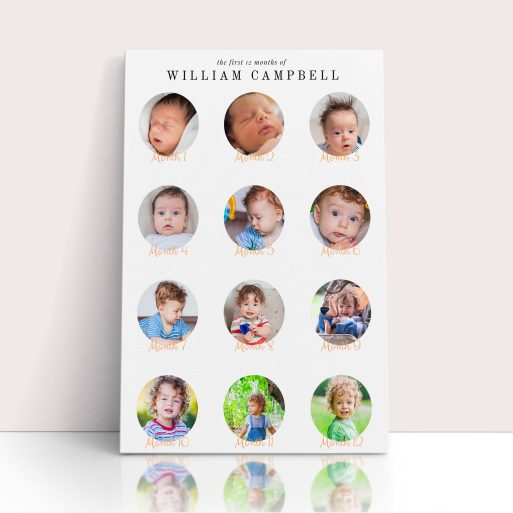 Photo of a canvas print called 'Month by Month'. It is 30cm x 20cm in size, in a Portrait orientation. It has space for 12 photos.