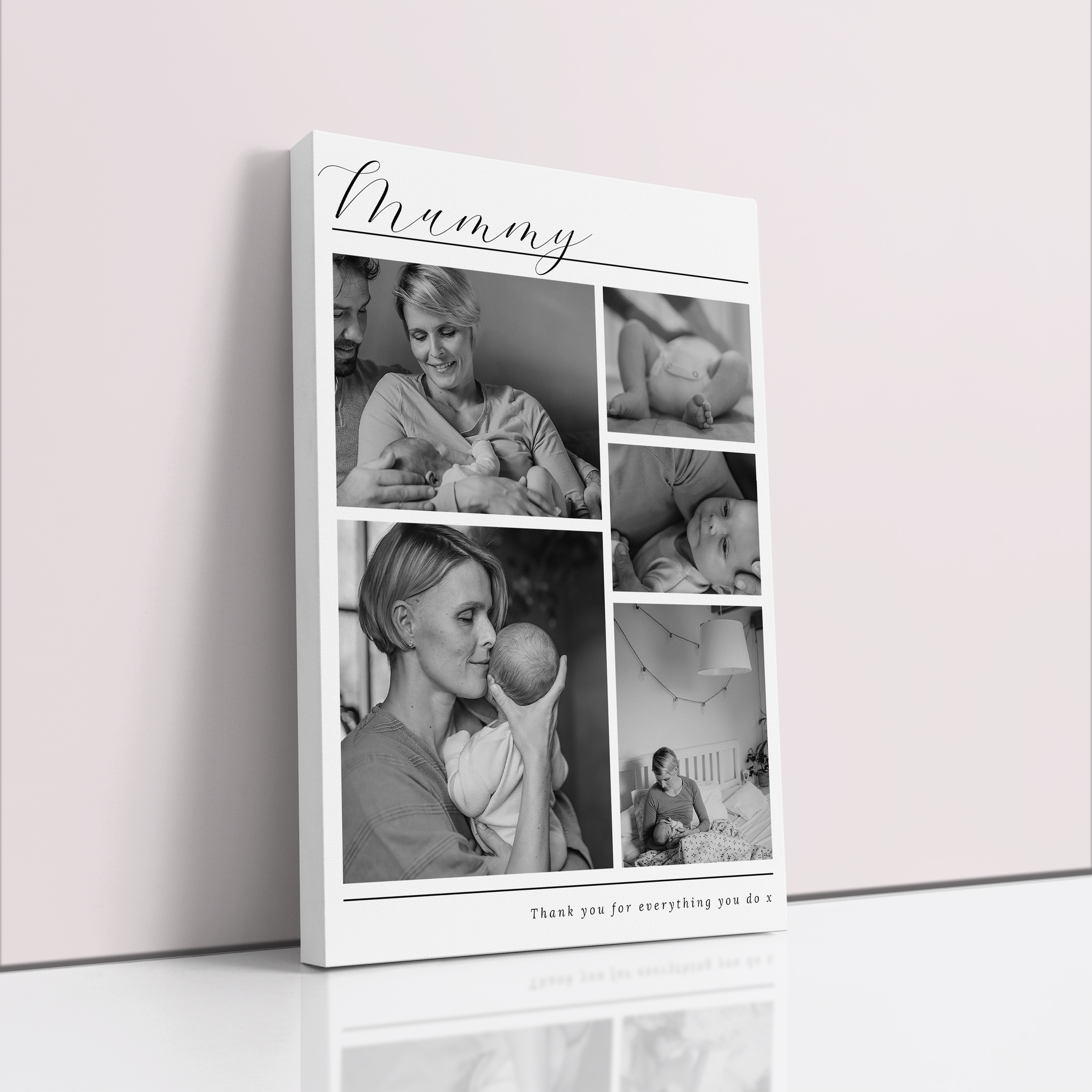 Photo of a canvas print called 'Mother’s Quintessence'. It is 30cm x 20cm in size, in a Portrait orientation. It has space for 5 photos.