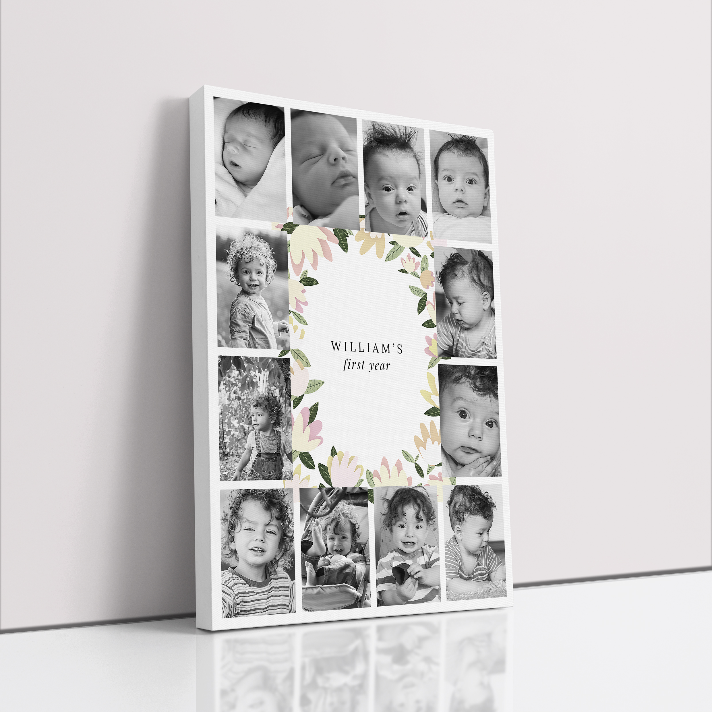 Photo of a canvas print called 'My first year'. It is 30cm x 20cm in size, in a Portrait orientation. It has space for 12 photos.