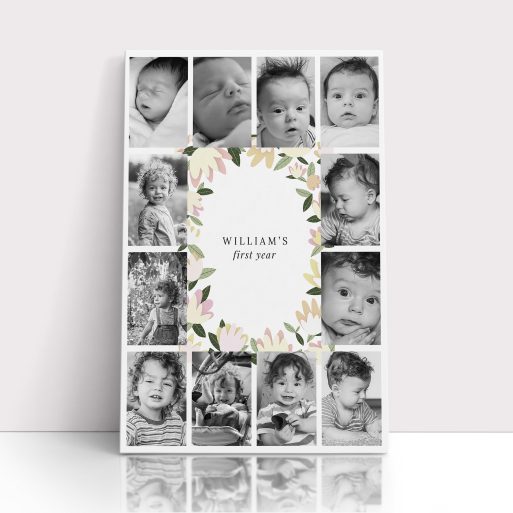 Photo of a canvas print called 'My first year'. It is 30cm x 20cm in size, in a Portrait orientation. It has space for 12 photos.