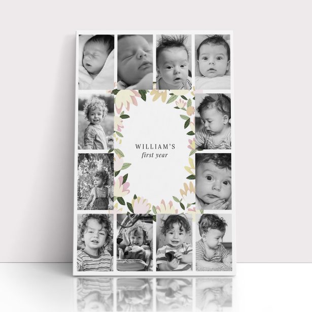 Photo of a canvas print called 'My first year'. It is 30cm x 20cm in size, in a Portrait orientation. It has space for 12 photos.