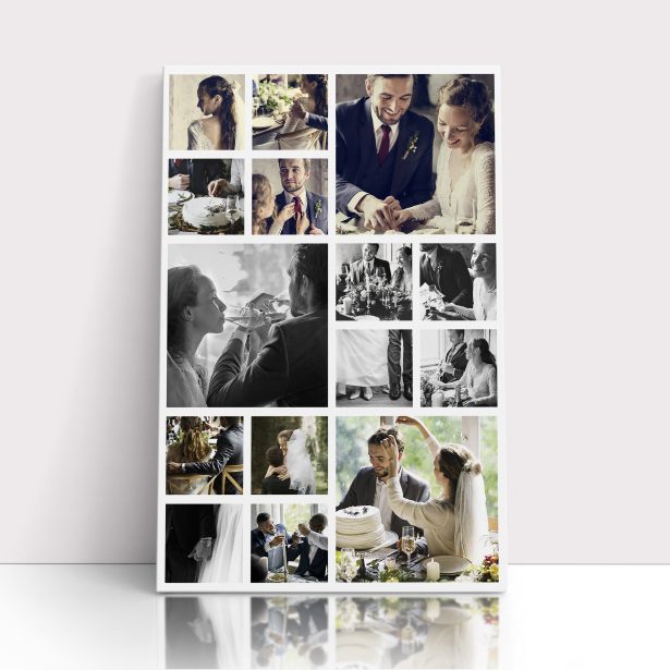Photo of a canvas print called 'My Montage'. It is 30cm x 20cm in size, in a Portrait orientation. It has space for 15 photos.