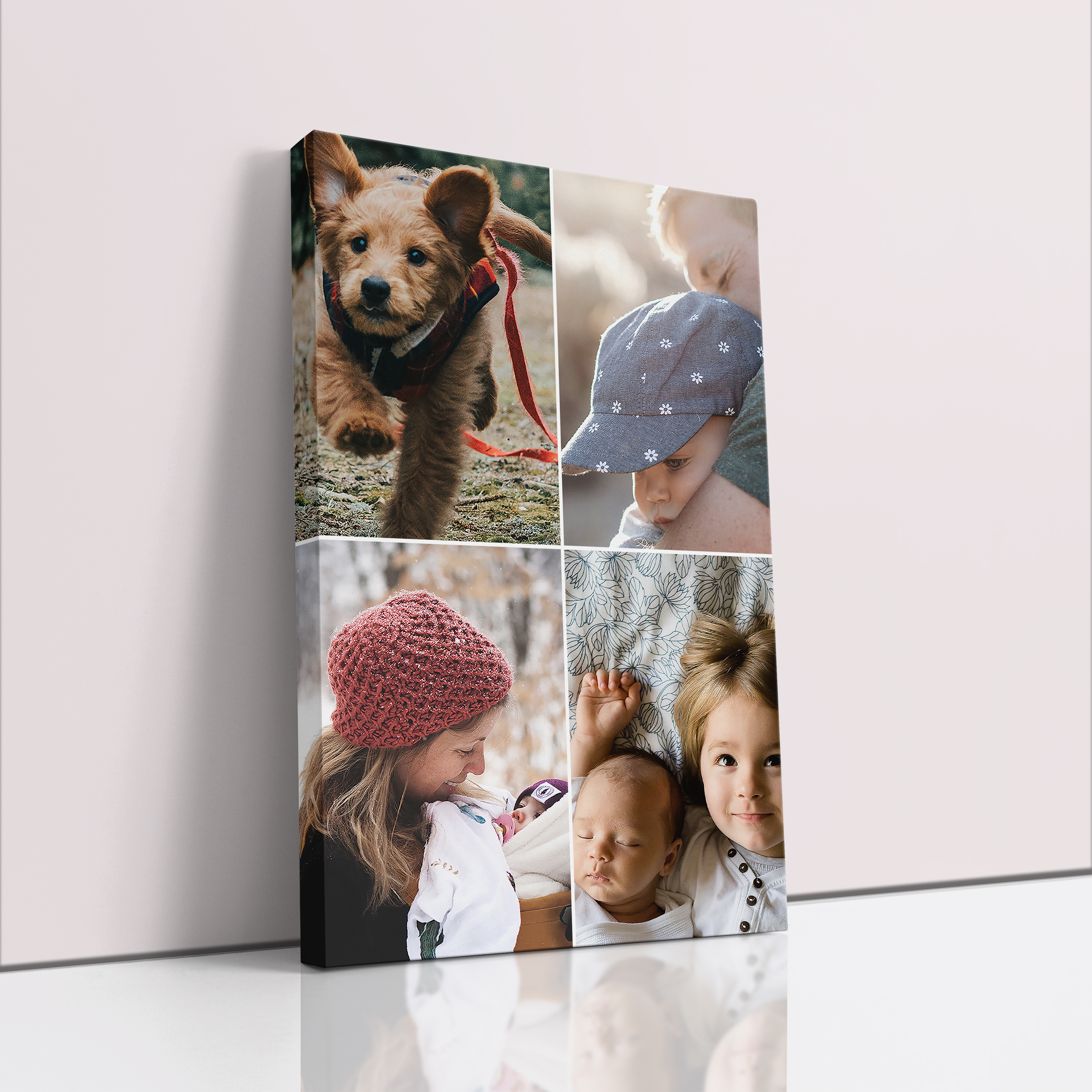 Photo of a canvas print called 'Quad'. It is 30cm x 20cm in size, in a Portrait orientation. It has space for 4 photos.